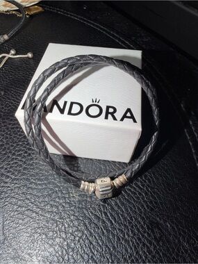 Pandora Black Braided Double Wrap Leather Bracelet with Silver Accents